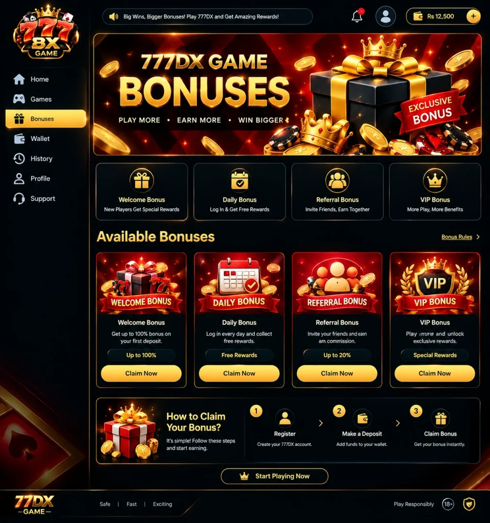 777DX Game bonus page with daily rewards and promotional offe
