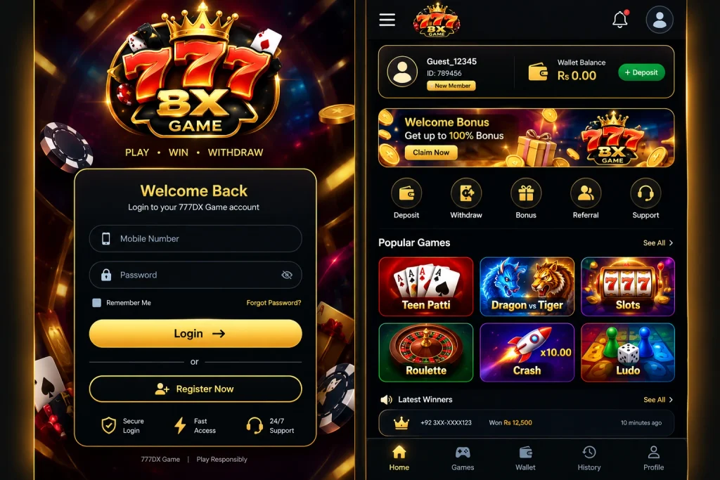 777dx game dashboard showing card games and virtual slots