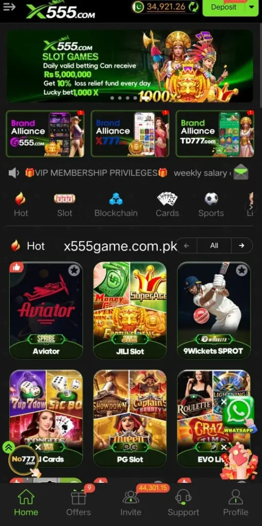 X555 Casino dashboard interface for mobile users.